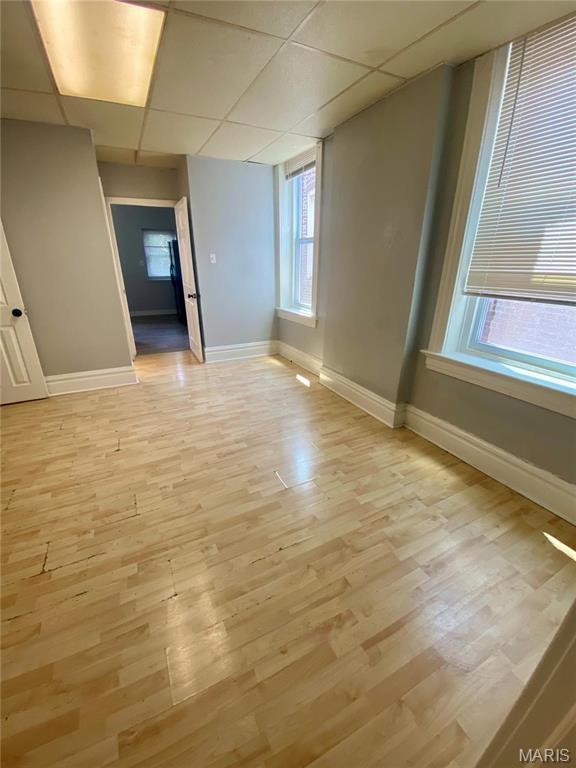 empty room with baseboards, a paneled ceiling, and light wood-style floors