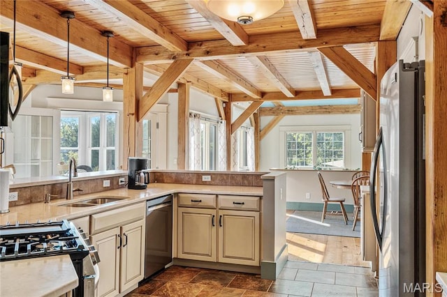 507 Leach Branch Rd, Hermann, MO 65041 - kitchen featuring appliances with stainless steel finishes, a sink, beamed ceiling, cream cabinetry, and wood ceiling