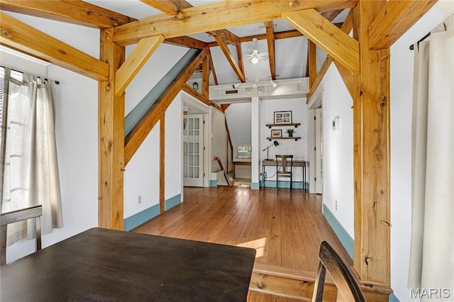 507 Leach Branch Rd, Hermann, MO 65041 - unfurnished living room featuring hardwood / wood-style flooring, ceiling fan, and vaulted ceiling