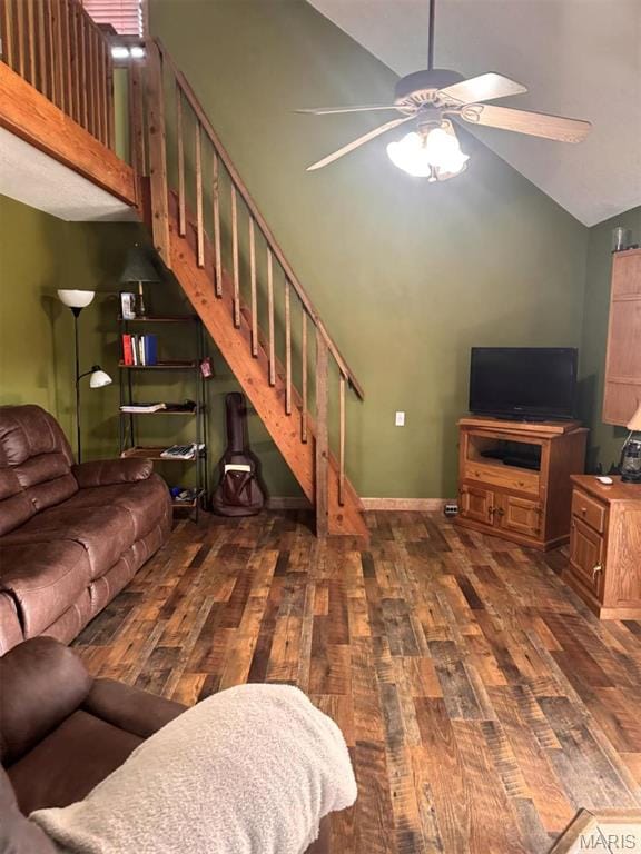 27409 Missouri Dr, Lebanon, MO 65536 - living area with hardwood / wood-style flooring, lofted ceiling, a ceiling fan, stairway, and baseboards