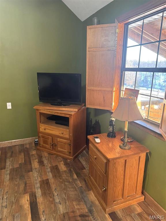 27409 Missouri Dr, Lebanon, MO 65536 - living area featuring lofted ceiling, dark wood-type flooring, and baseboards