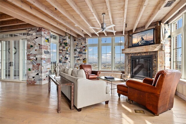 150 Carondelet Unit 2901, Saint Louis, MO 63105 - living room with beamed ceiling, ceiling fan, wood ceiling, a fireplace, and hardwood / wood-style floors
