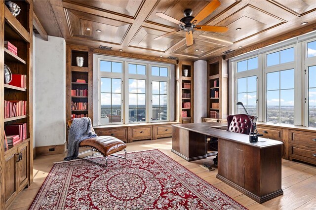 150 Carondelet Unit 2901, Saint Louis, MO 63105 - office with built in features, a ceiling fan, plenty of natural light, coffered ceiling, and light wood-style floors