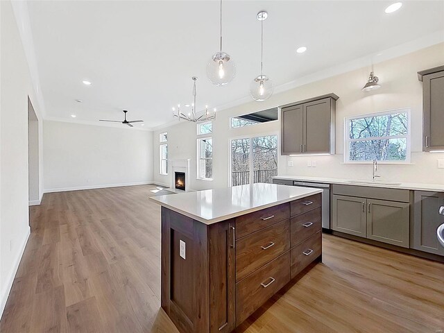 220 Great Bear Pass, Foristell, MO 63348 - kitchen featuring a sink, ceiling fan, gray cabinetry, light countertops, and recessed lighting