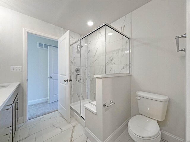 220 Great Bear Pass, Foristell, MO 63348 - bathroom with marble finish floors, a stall shower, baseboards, toilet, and recessed lighting