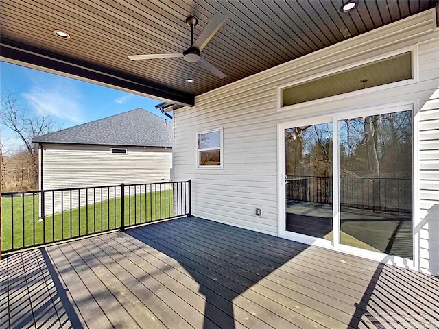 220 Great Bear Pass, Foristell, MO 63348 - wooden terrace featuring a ceiling fan and a yard