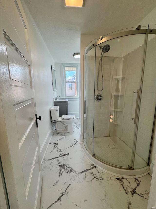 1522 E 5th St, Washington, MO 63090 - bathroom featuring marble look tiles, a shower stall, and toilet