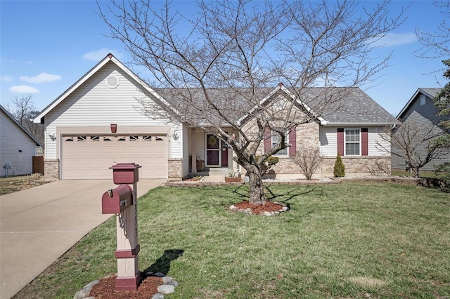 single story home featuring driveway, brick siding, an attached garage, a front yard, and roof with shingles