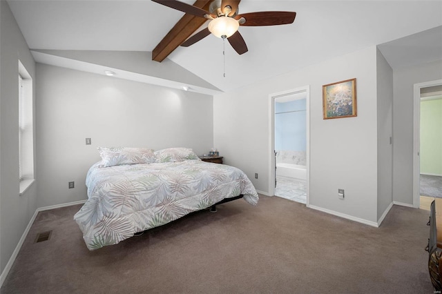 bedroom with carpet floors, baseboards, and ensuite bath
