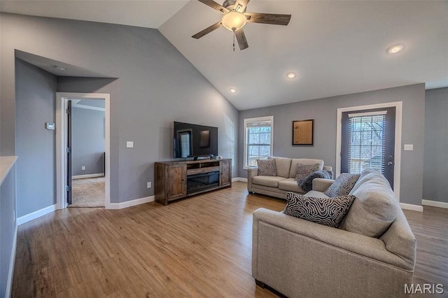 117 Alice Dr, Waynesville, MO 65583 - living room with ceiling fan, light wood-style flooring, recessed lighting, high vaulted ceiling, and baseboards