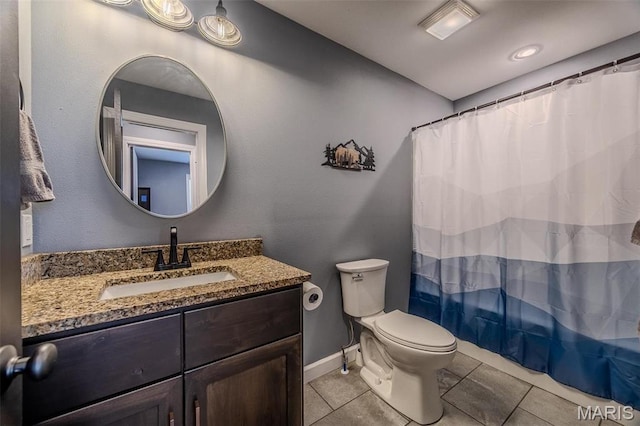 117 Alice Dr, Waynesville, MO 65583 - bathroom with tile patterned flooring, vanity, toilet, baseboards, and a shower with curtain