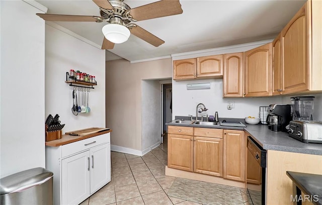 125 Lithia Ave, Saint Louis, MO 63119 - kitchen featuring dishwasher, a ceiling fan, a sink, light tile patterned floors, and dark countertops