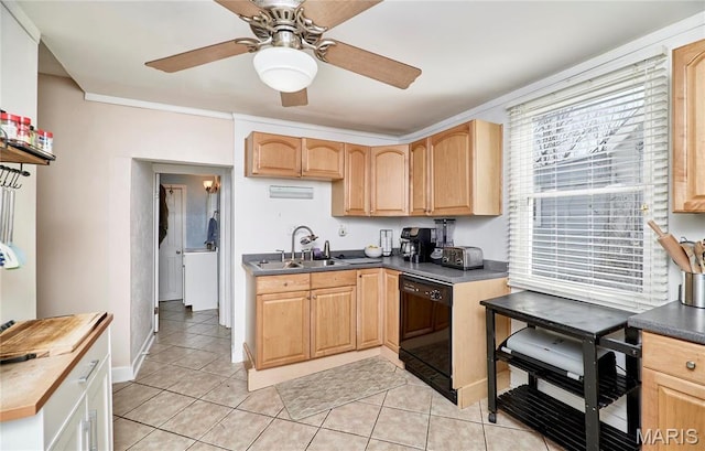 125 Lithia Ave, Saint Louis, MO 63119 - kitchen featuring black dishwasher, a sink, light tile patterned floors, ceiling fan, and light brown cabinetry