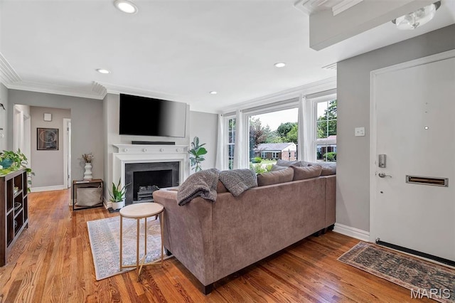 927 Gay Ave, Saint Louis, MO 63130 - living room with a fireplace, baseboards, ornamental molding, light wood-style flooring, and recessed lighting