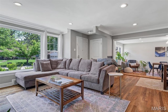 927 Gay Ave, Saint Louis, MO 63130 - living area with light wood finished floors, ornamental molding, recessed lighting, and baseboards