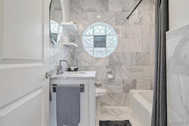 927 Gay Ave, Saint Louis, MO 63130 - full bathroom with vanity, shower / bath combo with shower curtain, toilet, and tile walls