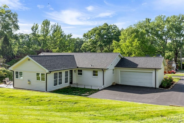 502 Briar Ridge Ln, Saint Louis, MO 63131 - single story home with a garage, asphalt driveway, a front yard, roof with shingles, and view of scattered trees