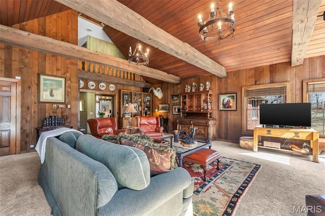 167 Red Fox Ln, Cape Girardeau, MO 63701 - carpeted living area with wood walls, wooden ceiling, and a chandelier