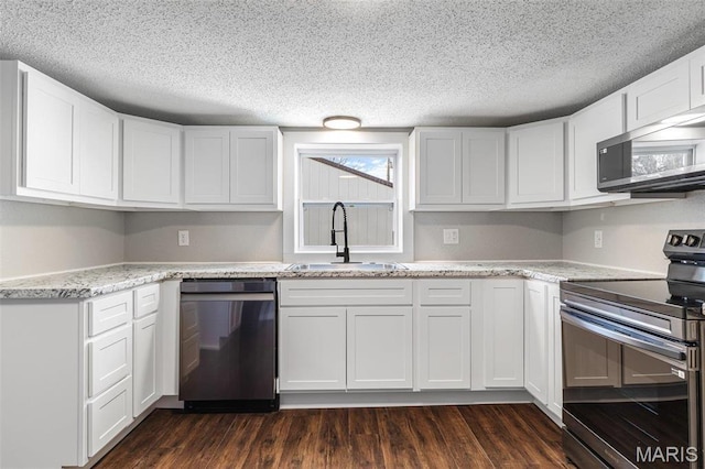 1005 Tyler St, Park Hills, MO 63601 - kitchen with stainless steel appliances, a sink, white cabinetry, dark wood-style flooring, and light stone counters