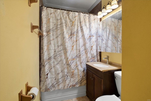 full bathroom with toilet, vanity, ornamental molding, and shower / bath combo with shower curtain