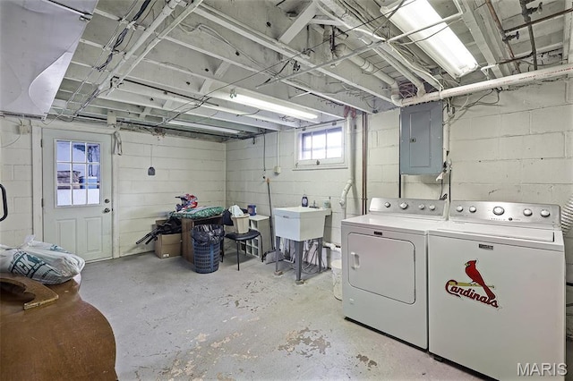 5800 Marquette Ave, Saint Louis, MO 63139 - clothes washing area featuring washer and dryer and electric panel