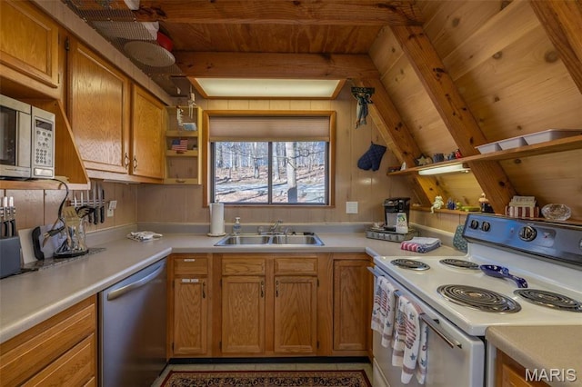 1703 Wynnbrook Woods Dr, Innsbrook, MO 63390 - kitchen featuring appliances with stainless steel finishes, a sink, open shelves, wood ceiling with exposed beams, and light countertops