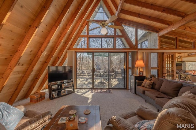 1703 Wynnbrook Woods Dr, Innsbrook, MO 63390 - living room with wood ceiling with exposed beams, carpet floors, ceiling fan, high vaulted ceiling, and french doors