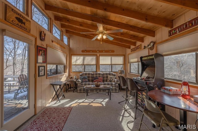 1703 Wynnbrook Woods Dr, Innsbrook, MO 63390 - sunroom featuring wooden ceiling, healthy amount of natural light, wood walls, and carpet