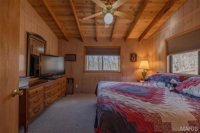 1703 Wynnbrook Woods Dr, Innsbrook, MO 63390 - carpeted bedroom with multiple windows, wood ceiling with exposed beams, wooden walls, and a ceiling fan