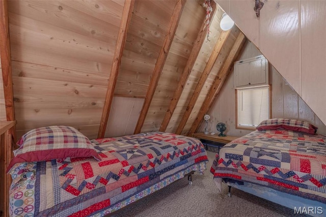 1703 Wynnbrook Woods Dr, Innsbrook, MO 63390 - bedroom with vaulted ceiling, carpet flooring, wood walls, and wooden ceiling