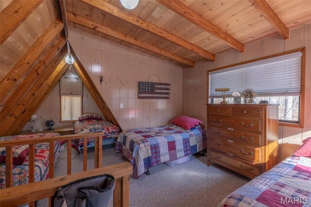 1703 Wynnbrook Woods Dr, Innsbrook, MO 63390 - bedroom featuring carpet floors, wooden walls, and wooden ceiling