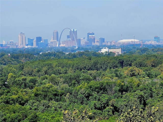 view of city featuring a forest