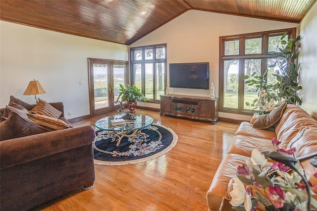 living area with wooden ceiling, wood finished floors, healthy amount of natural light, lofted ceiling, and baseboards