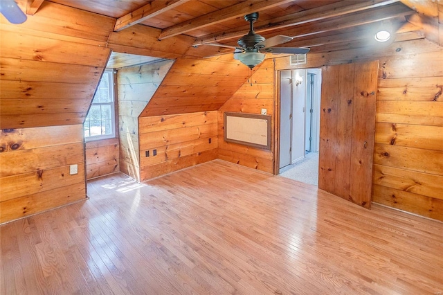 additional living space with wood-type flooring, ceiling fan, wooden ceiling, and wood walls