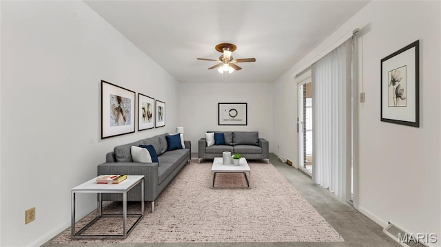 912 Salem Way, Ellisville, MO 63021 - living room featuring carpet flooring, a ceiling fan, and baseboards