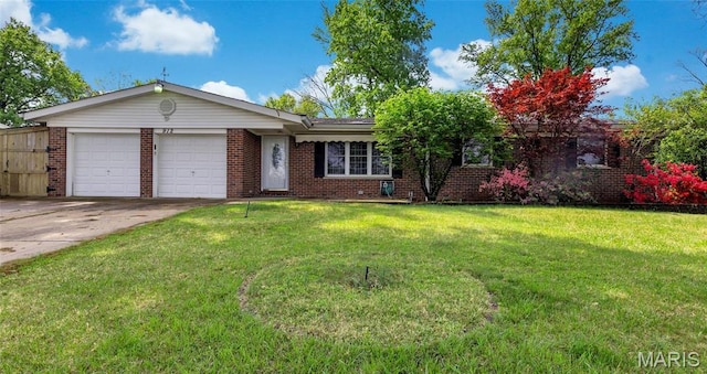 912 Salem Way, Ellisville, MO 63021 - ranch-style home with brick siding, an attached garage, driveway, and a front lawn