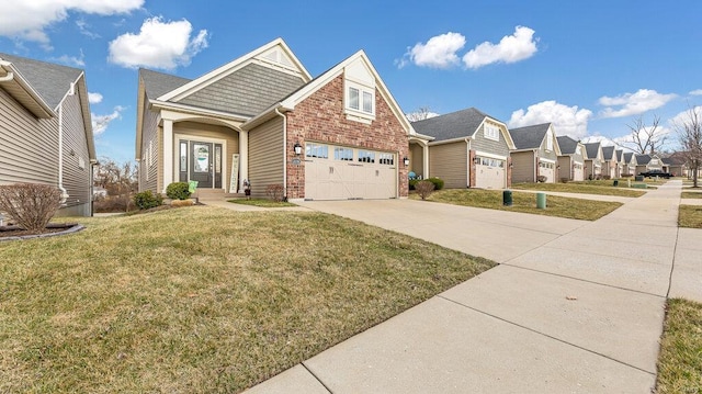 craftsman house with a front lawn, driveway, a garage, and a residential view