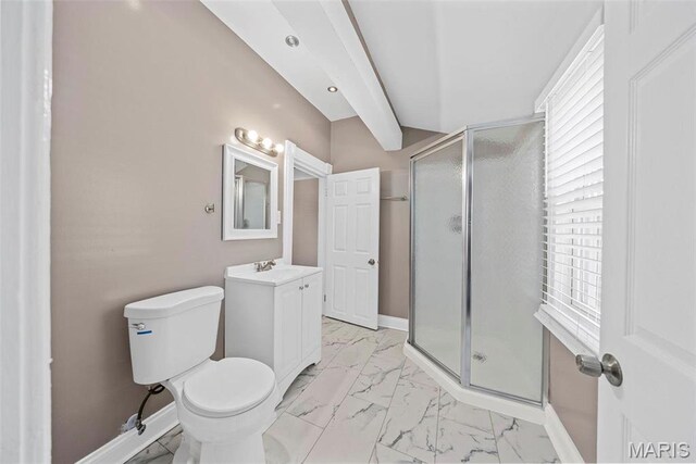 307 S State Highway 47, Warrenton, MO 63383 - bathroom featuring a shower stall, vanity, marble look tile flooring, toilet, and beam ceiling