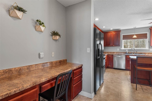 kitchen featuring dishwasher, dark brown cabinets, a sink, black fridge with ice dispenser, and a textured ceiling