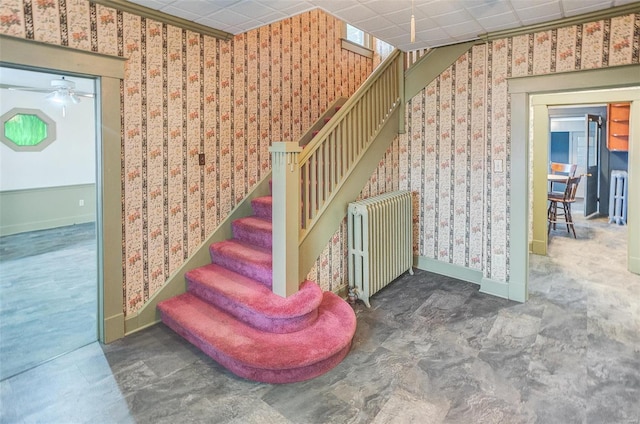 216 S Dickey St, Sparta, IL 62286 - staircase featuring wallpapered walls, baseboards, a ceiling fan, and a paneled ceiling