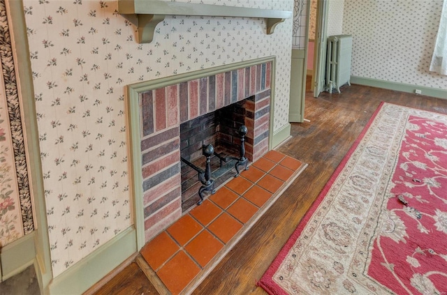216 S Dickey St, Sparta, IL 62286 - detailed view of wallpapered walls, wood finished floors, radiator, baseboards, and a fireplace