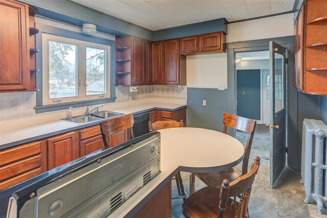216 S Dickey St, Sparta, IL 62286 - kitchen featuring open shelves, radiator heating unit, a sink, and black dishwasher