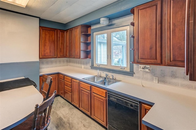 216 S Dickey St, Sparta, IL 62286 - kitchen featuring black dishwasher, a sink, open shelves, light countertops, and a wainscoted wall