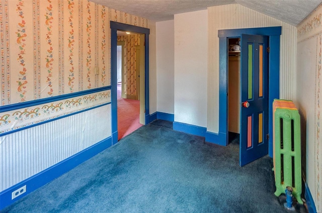 216 S Dickey St, Sparta, IL 62286 - carpeted spare room featuring a textured ceiling, radiator, wallpapered walls, and vaulted ceiling