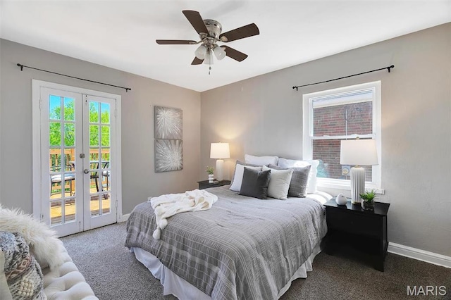 bedroom featuring french doors, access to exterior, carpet flooring, baseboards, and ceiling fan