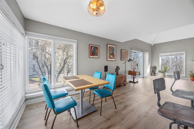 dining room with wood finished floors, baseboards, and vaulted ceiling