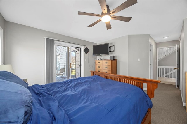 bedroom with access to exterior, carpet floors, and a ceiling fan