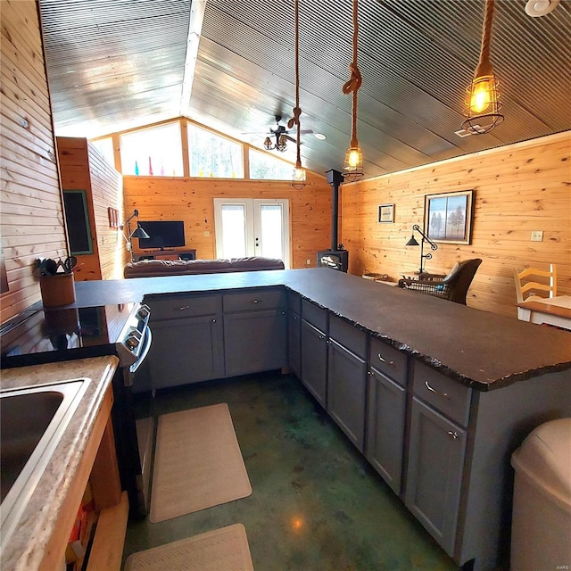 1432 Wayne 523, Wappapello, MO 63966 - kitchen featuring wood walls, gray cabinetry, a wood stove, electric stove, and lofted ceiling