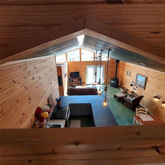 1432 Wayne 523, Wappapello, MO 63966 - carpeted living room with wood walls, a wood stove, and lofted ceiling