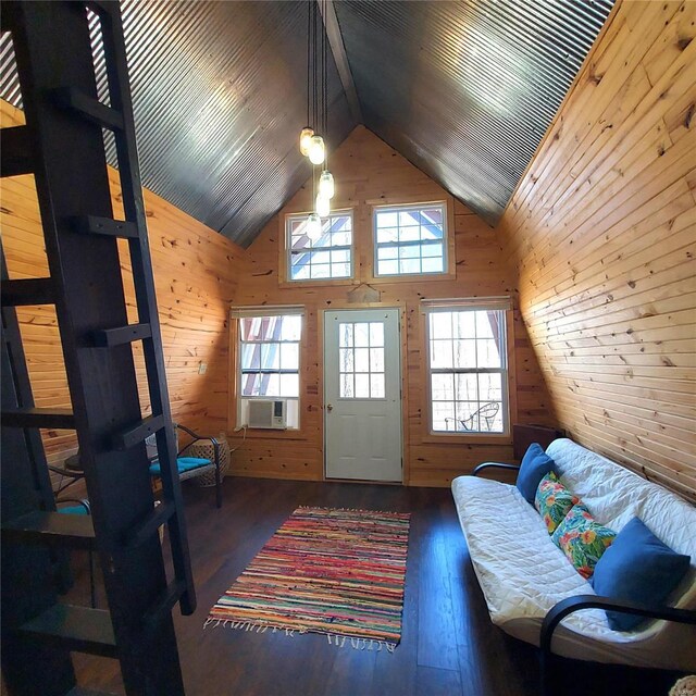 1432 Wayne 523, Wappapello, MO 63966 - living area featuring wooden walls, hardwood / wood-style flooring, cooling unit, and high vaulted ceiling